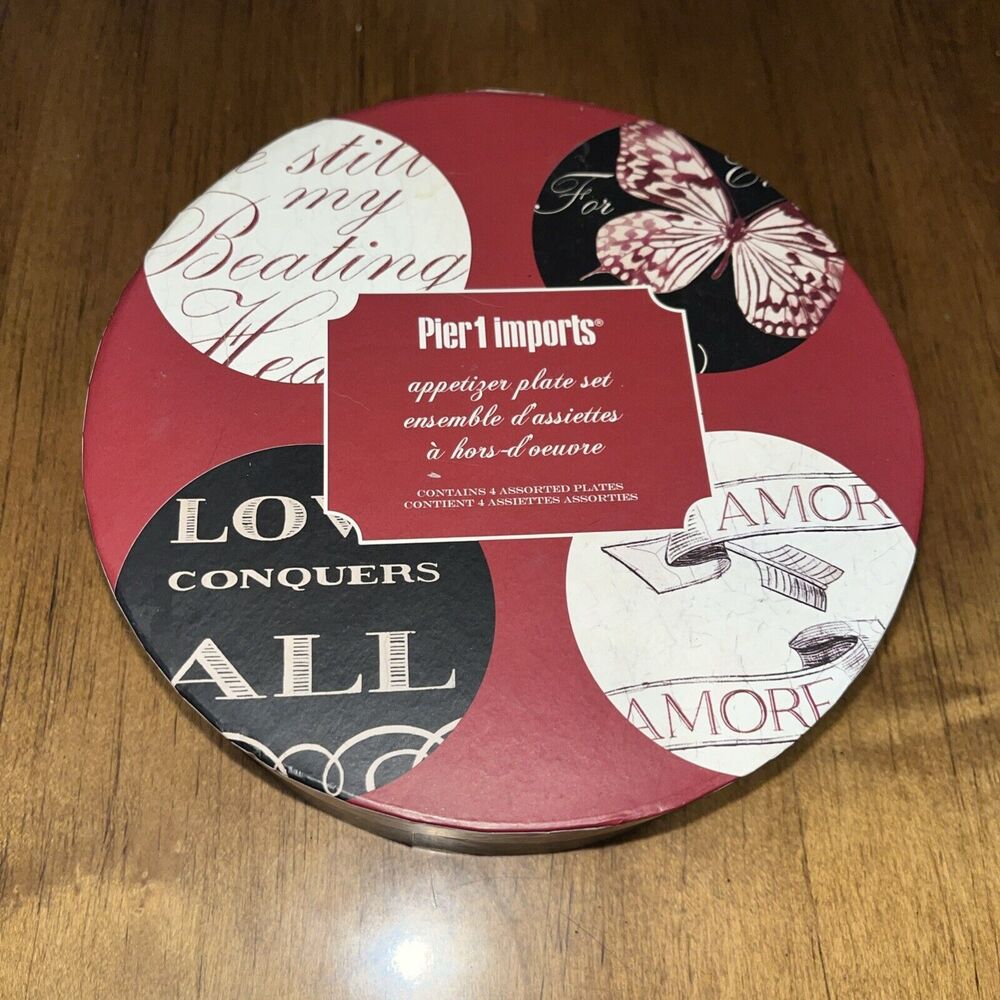 Pier 1 Love Sentiment Red Black & White 6" Appetizer Plates 4 NIB